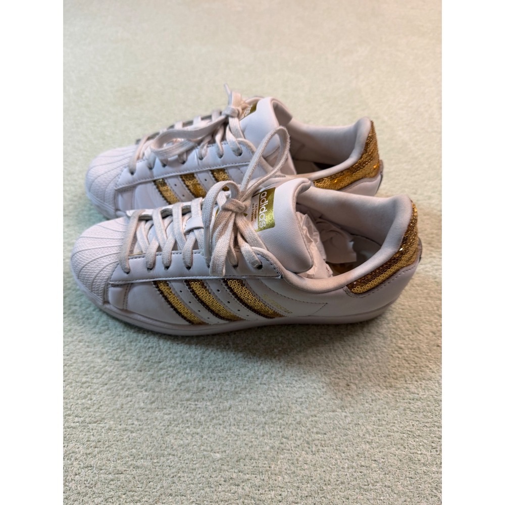 Adidas Superstar White Gold Sequin Shell Toe Sneakers G55658 Womens 8